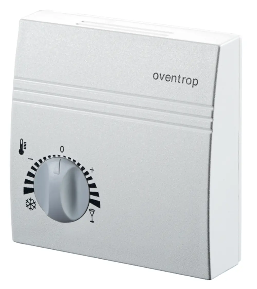 Weißer Fernversteller mit Raumtemperaturfühler von Oventrop, drehbarem Thermostat und symbolischen Einstellungen für Heizung und Kühlung, zur Aufputzmontage geeignet.